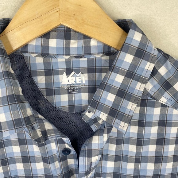 REI Blue Gray Plaid Check Print Short Sleeve Button Up Gorpcore Shirt Size Large - Picture 3 of 7